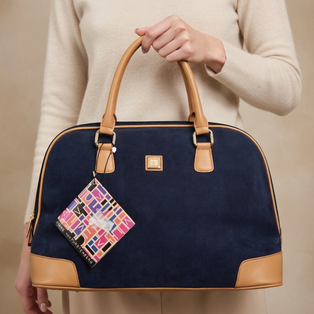 Diane Von Furstenberg Navy Canvas Leather Trim !9" Boarding Bag NWT